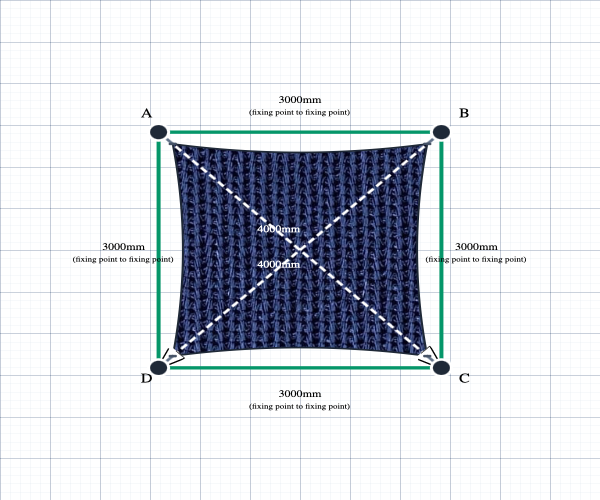 Custom Monotec 370 Shade Sail - Sheba Navy - 4 Corner - Technical Drawing