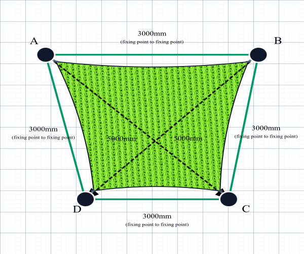 Custom Monotec 370 Shade Sail - Lime Fizz - 4 Corner - Technical Drawing