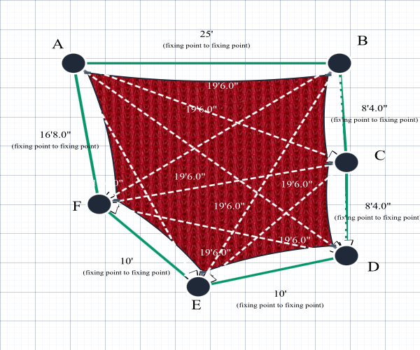 Custom Monotec 370 Shade Sail - Candy Red - 6 Corner - Technical Drawing